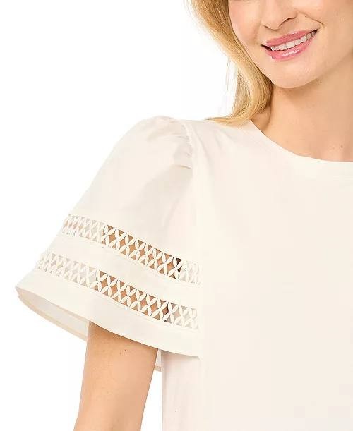 CeCe Combo Trim-Sleeve Crew Neck Top New Ivory L NWT $59
