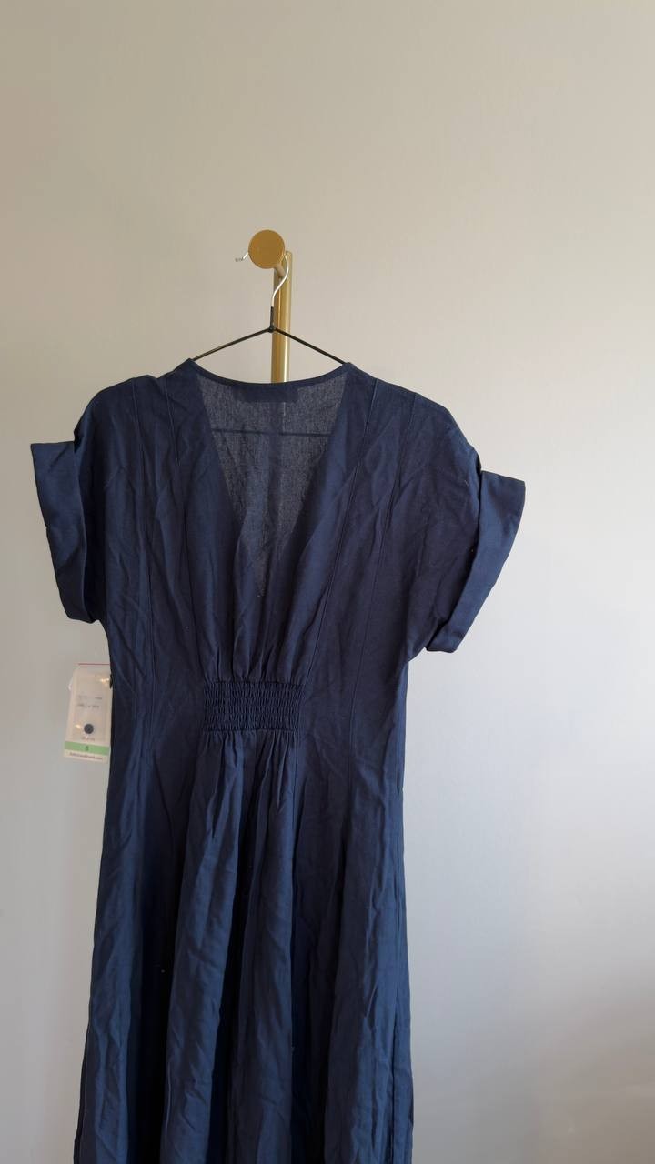 Taylor Button‑Front A‑Line V‑Neck Long Dress Navy 8 NWT $129