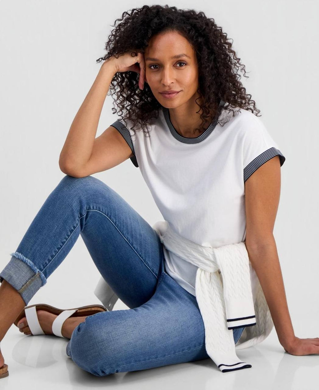 Nautica Striped-Trim Short Sleeve T-Shirt White M NWT $44.50