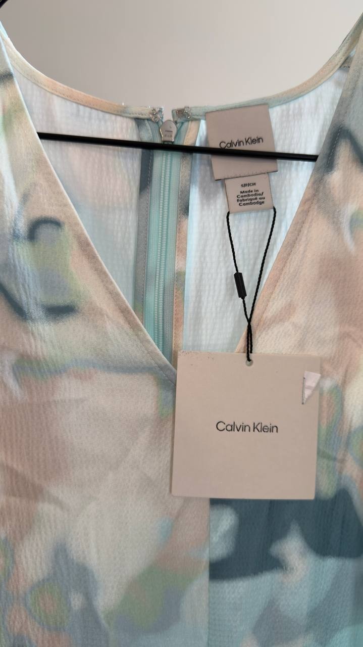 Calvin Klein Satin Print V‑Neck Midi Dress Pale Meadow S NWT $169