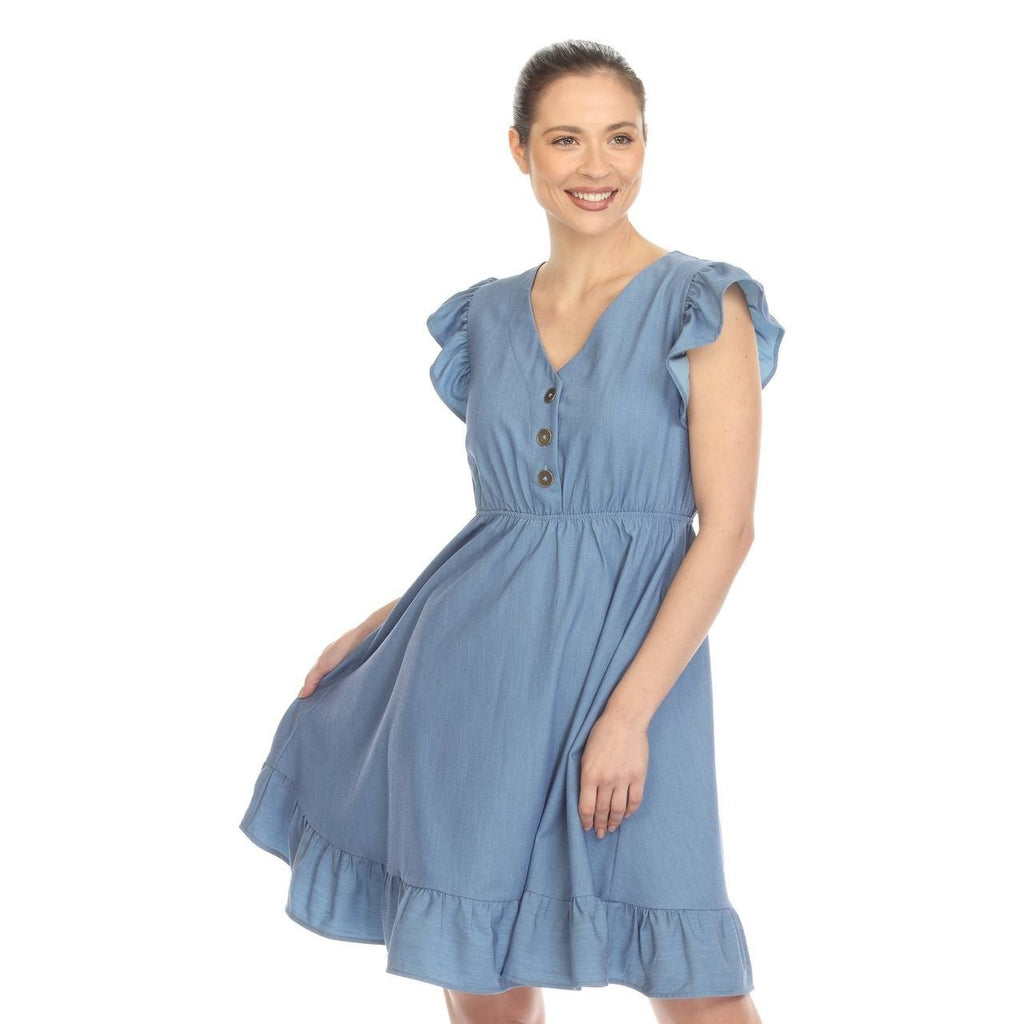 White Mark Ruffle Sleeve Button-Front Knee-Length Dress Blue L NWT $76