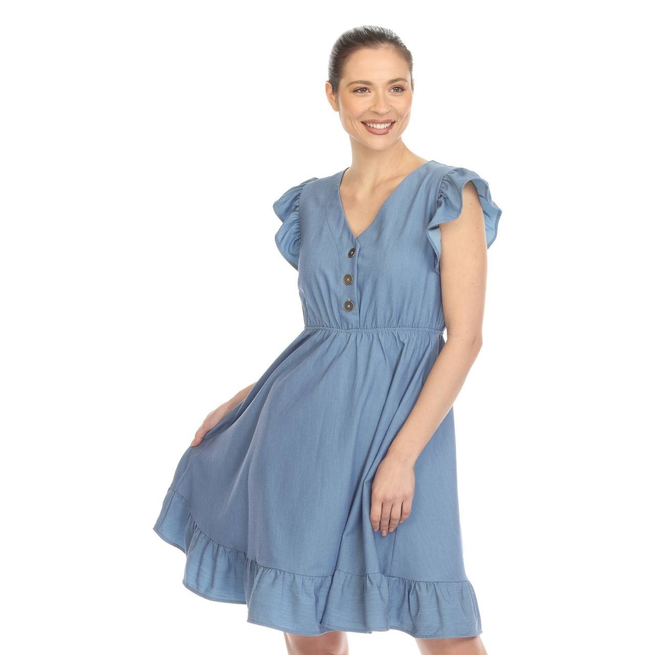 White Mark Ruffle Sleeve Button-Front Knee-Length Dress Blue L NWT $76