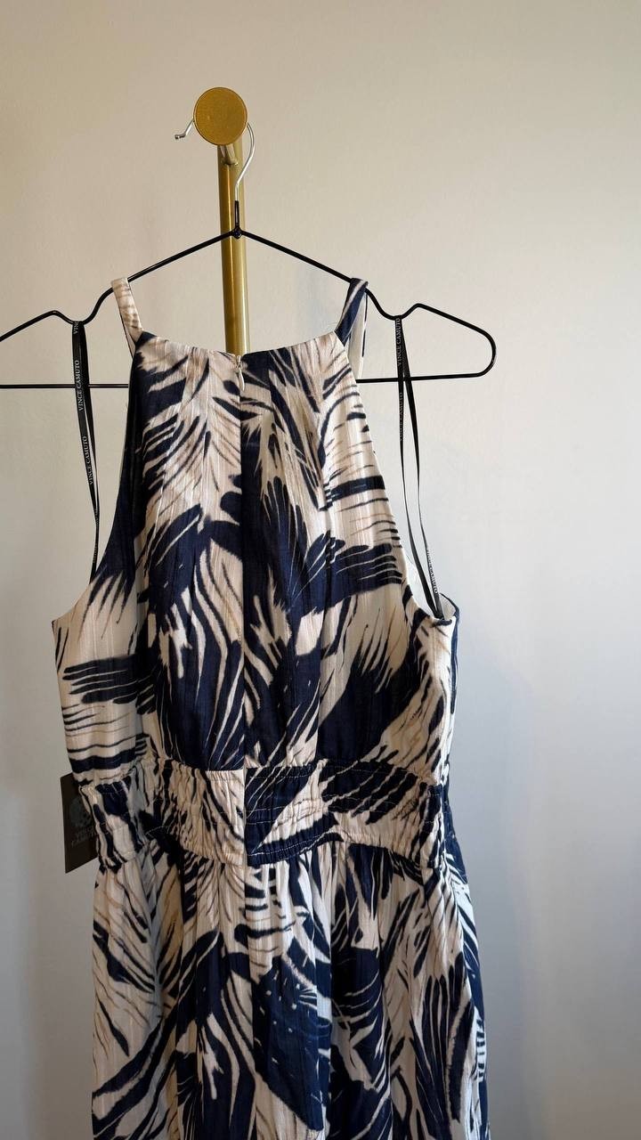 Vince Camuto Women’s Leaf Print Cotton Halter Neck Midi Dress Blue 12 $188 NWT