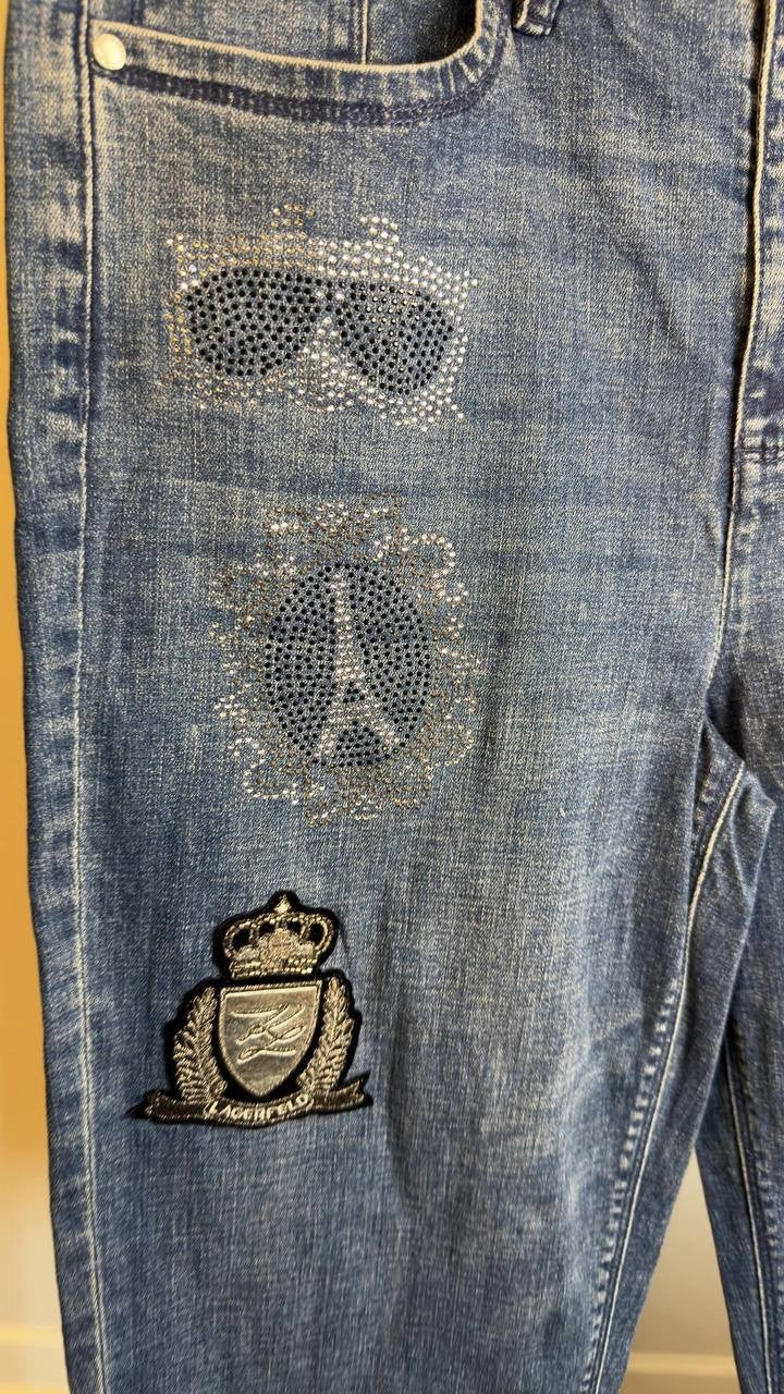 Karl Lagerfeld Patch Denim Straight‑Leg Jeans Denim Blue 12 NWT $139