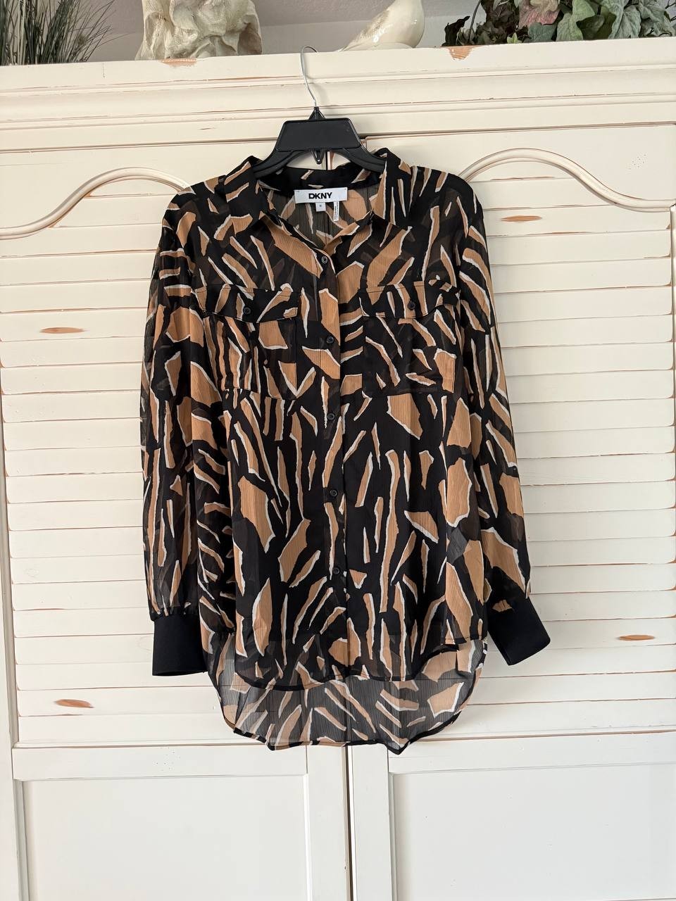 DKNY Shirt M Abstract Geo Floral Chiffon Long Sleeve Button Front Semi Sheer NWT