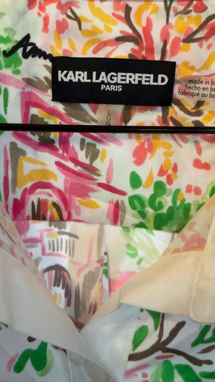 Karl Lagerfeld Collared Printed Button Top Soft White/Pink Carnation L NWT $99