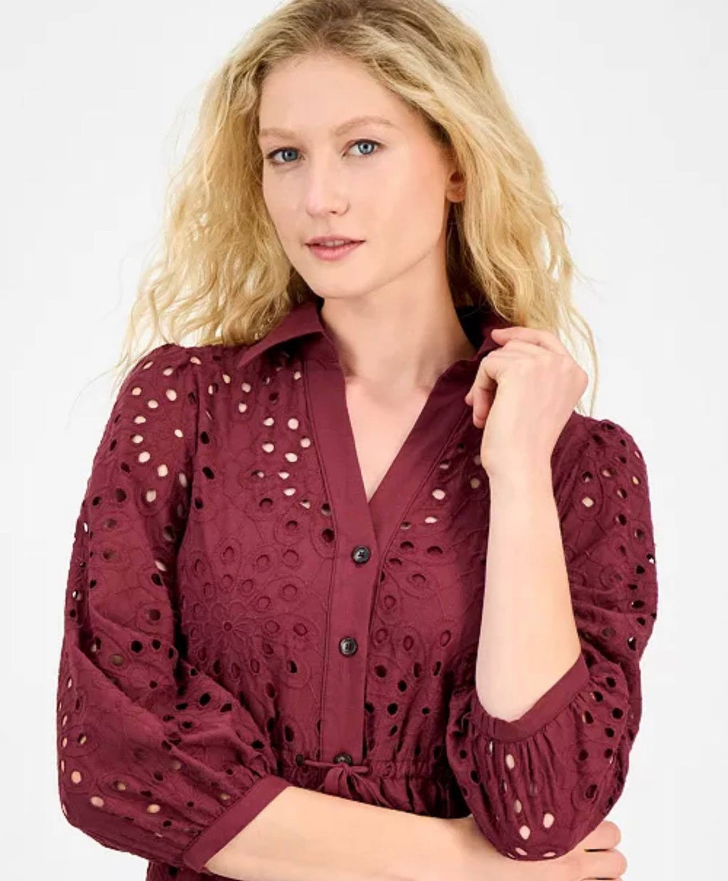 Julia Jordan Women’s Eyelet Tie‑Waist 3/4‑Sleeve Midi Dress – Wine –Size 10  NWT