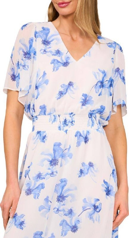 CeCe White Blue Floral Smocked‑Waist Maxi Dress M NWT Feminine Flowy $99