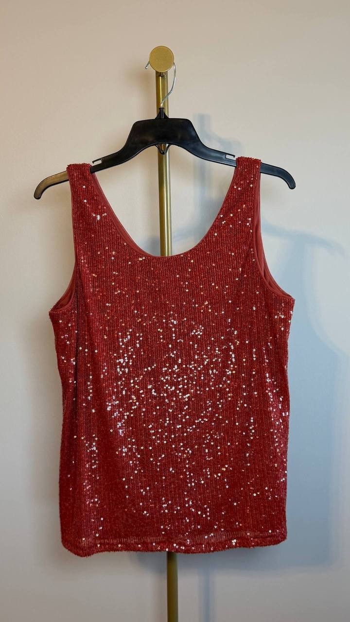 Anne Klein Sequin Double‑Scoop Sleeveless Tank Red L NWT $69