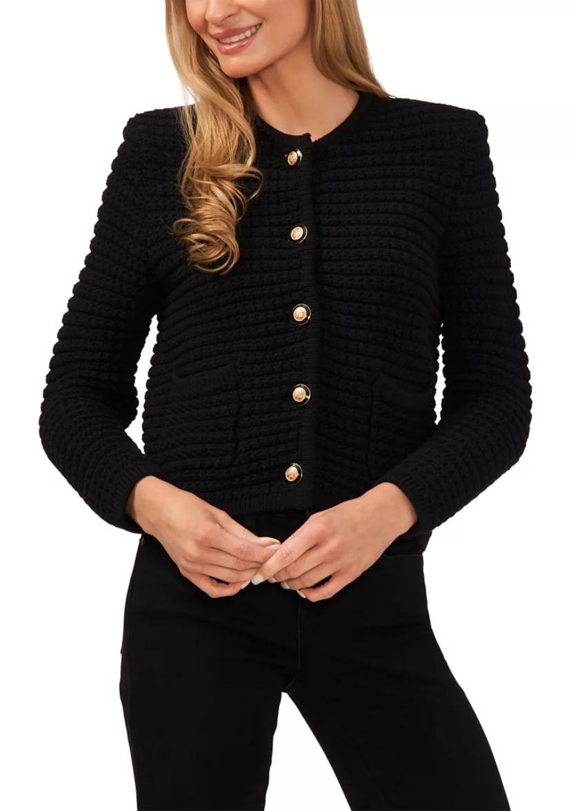 CeCe Texture Cardigan Black Crewneck Patch Pockets SizeXL NWT$119 button missing