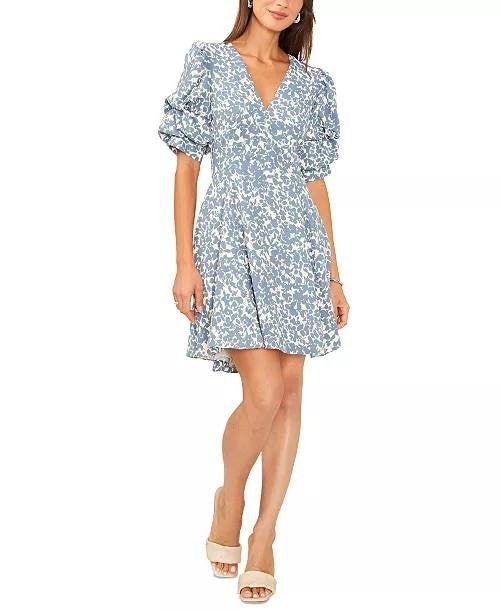 1.STATE Dress L Blue White Floral V-Neck Puff Sleeve Tiered Mini Ruffle NWT