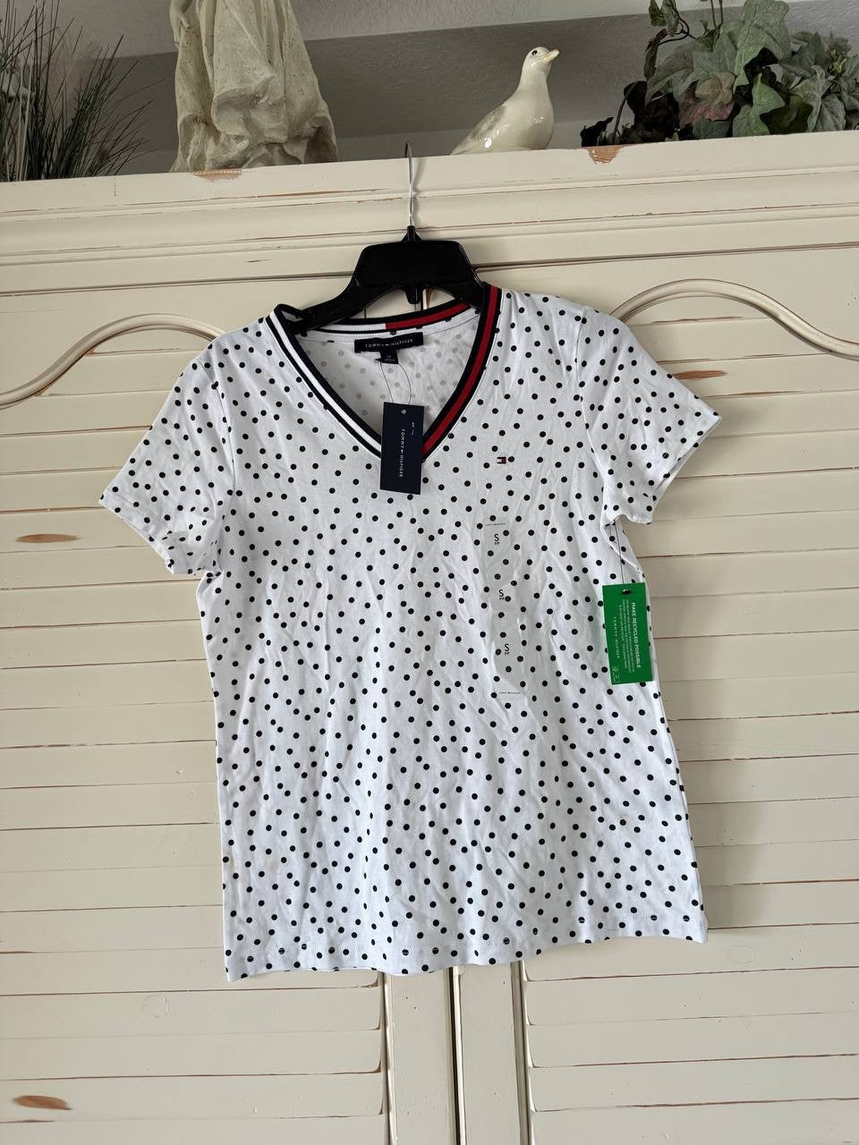 Tommy Hilfiger Dot-Print Signature V-Neck Top White Size S/P NWT $49.50