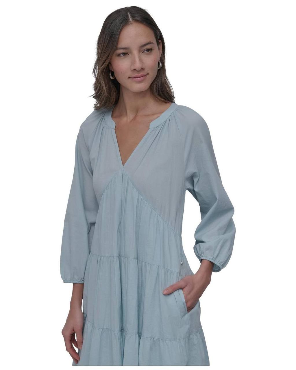 DKNY Tiered V‑Neck Puff‑Sleeve Midi Dress BLUE– Size M – NWT – MSRP$79