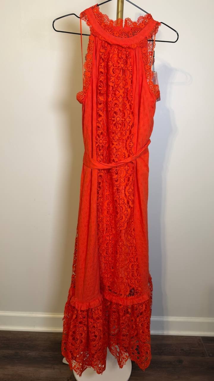 T Tahari Sleeveless Halter Lace Maxi Dress Bright Poppy S/P NWT $178