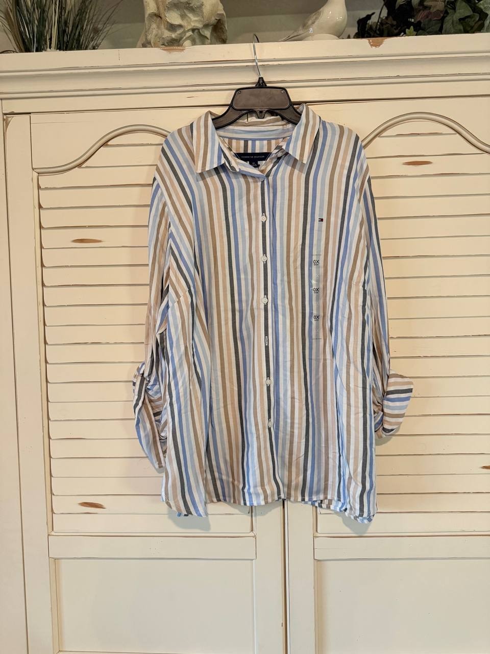 Tommy Hilfiger Stern Striped Roll-Tab Shirt Size 0X NWT $79 - Classic & Versatil