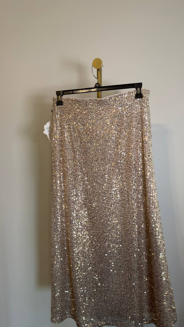 Anne Klein Sequin Flared Maxi Skirt Luxe Champagne L NWT $129