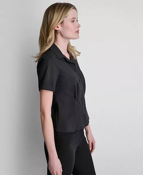 DKNY Short‑Sleeve Collared Button‑Front Blouse Black L NWT $99