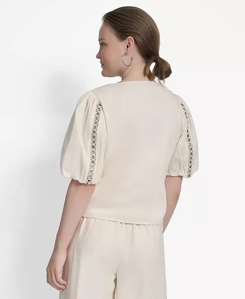 DKNY Top L Beige Cotton Grommet Puff Sleeve V-Neck Lattice Trim Modern