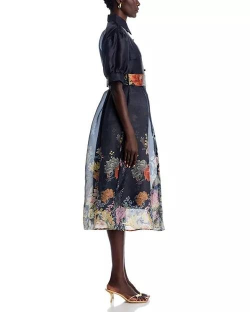 Nancy Yang Floral Print Dress Black Puff Sleeve Belted Size S NWT $195