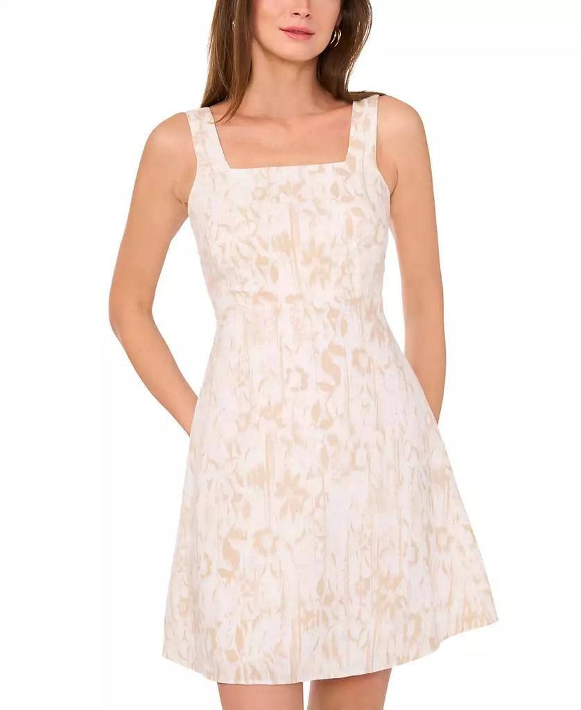 Vince Camuto Printed Linen‑Blend Square‑Neck Mini Dress Oyster Grey M NWT $169