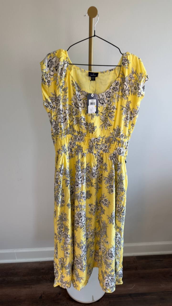 Nautica Printed Toile Puff‑Sleeve A‑Line Dress Sunshine Multi M NWT $119.50