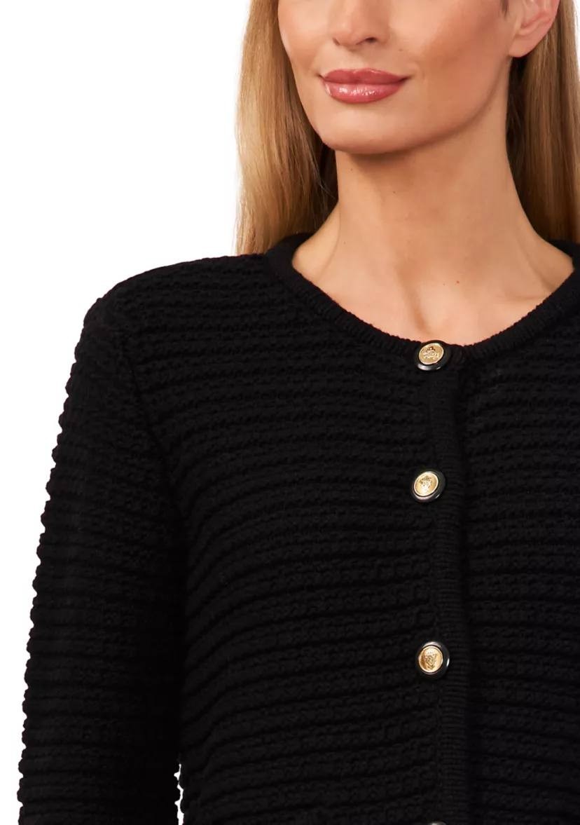 CeCe Texture Cardigan Black Crewneck Patch Pockets SizeXL NWT$119 button missing