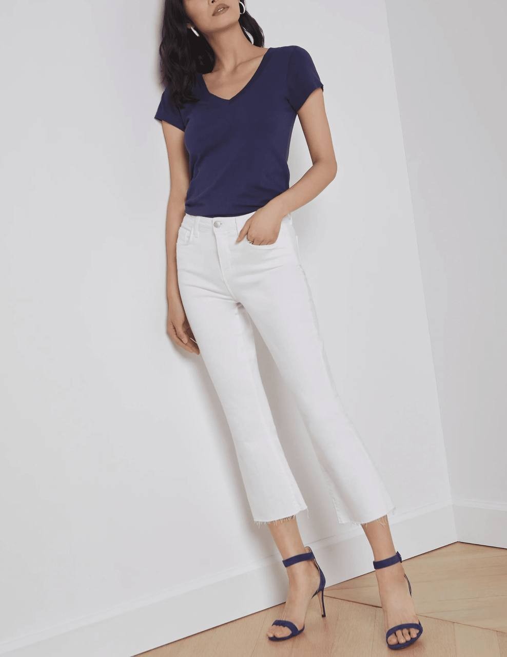 L’Agence Kendra High Rise Crop Flare Jeans Raw Hem White 24 NWT $275