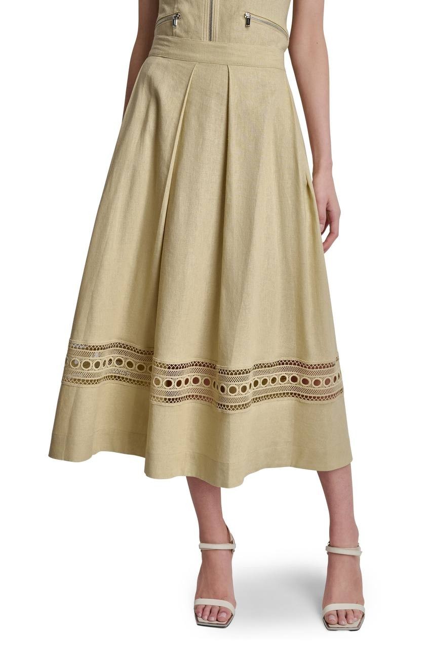 DKNY Women’s Eyelet Embroidery Linen Blend  Skirt Mojave Desert M NWOT $119