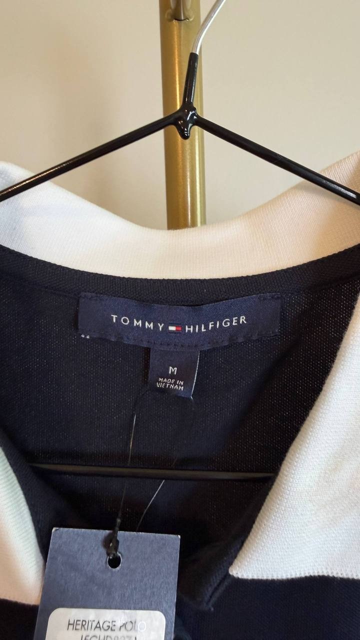 Tommy Hilfiger Monogram TH Logo Polo Stretch Top Black White SizeM NWT need wash