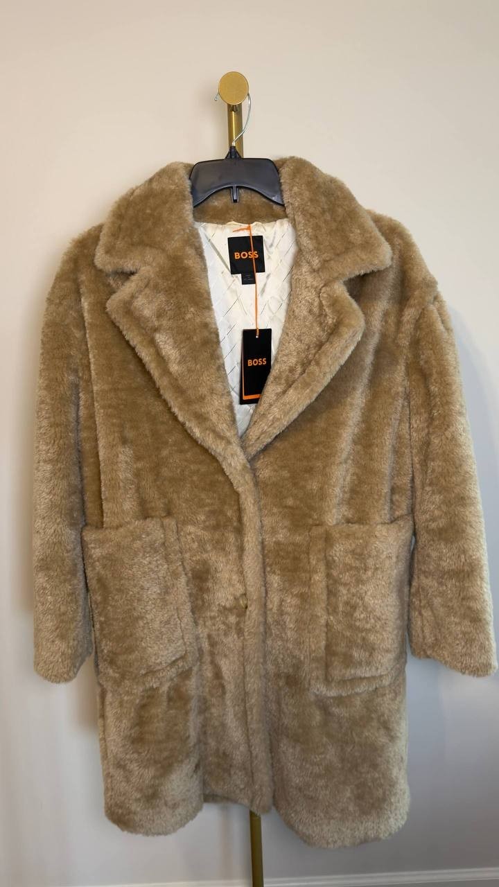 BOSS Orange Oversized Teddy Faux‑Fur Coat Camel Size 10  NWT $349