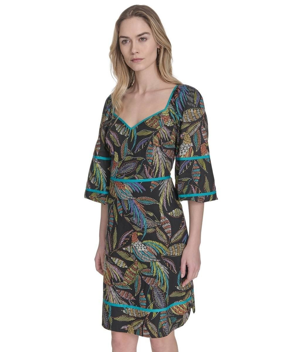Vince Camuto Puff Sleeve Cotton Poplin Dress Black Multi 12 NWT $138