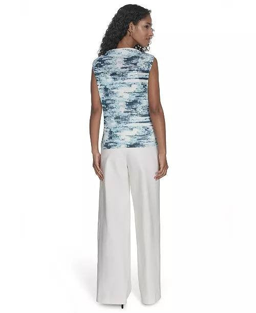 Calvin Klein Petite Printed Pleated Sleeveless Top Blue Multi PXL NWT $69