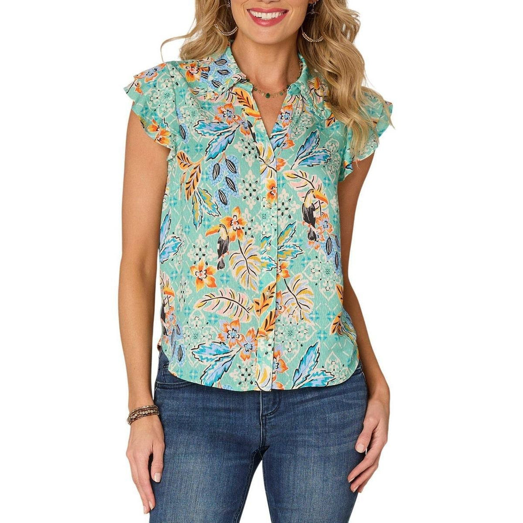 Democracy Flutter‑Sleeve Ruffle‑Edge Blouse Light Turquoise– Size PL–NWT–MSRP$68