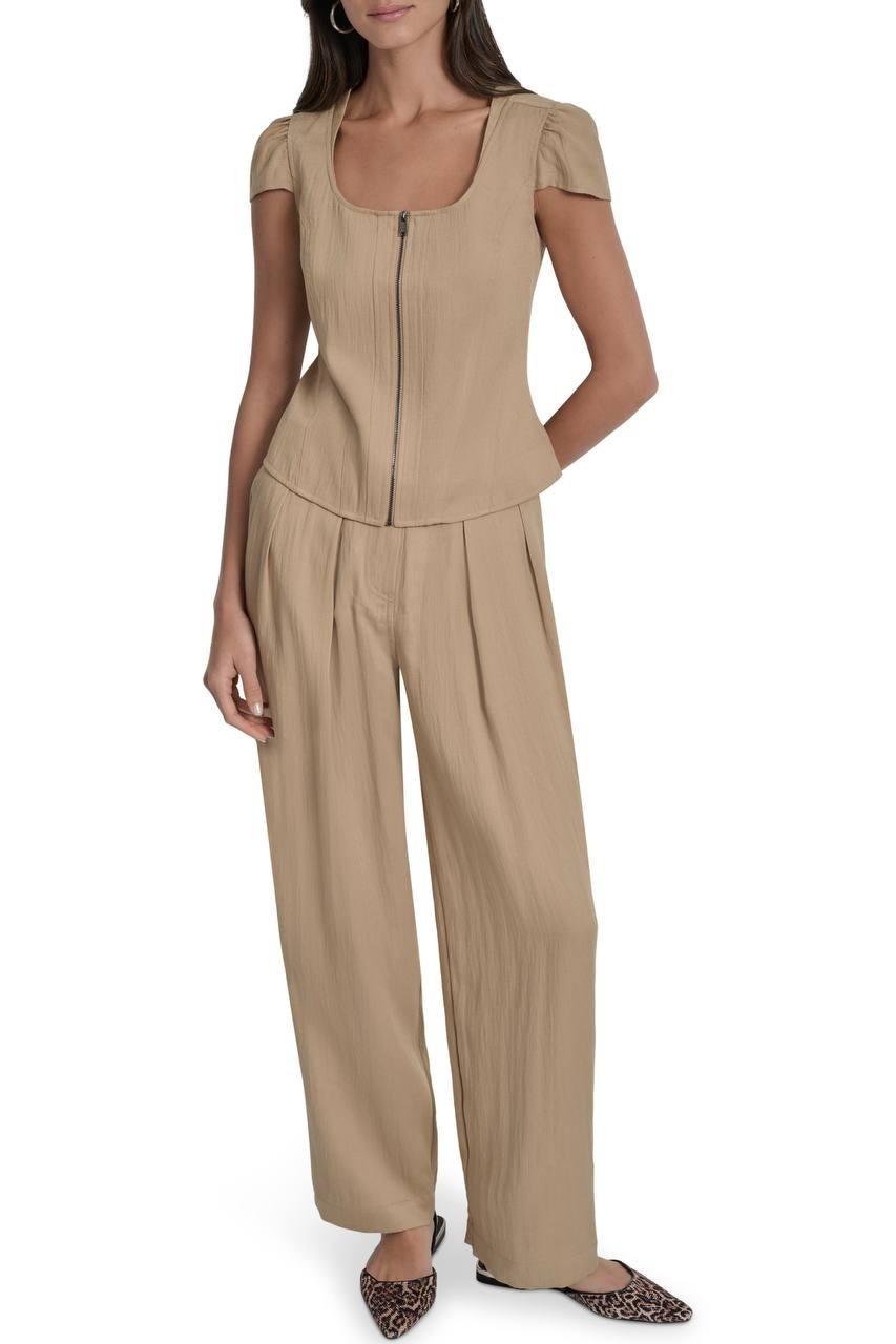 DKNY Cap Sleeve Zip Front Twill Shirt Travertine L NWT $99