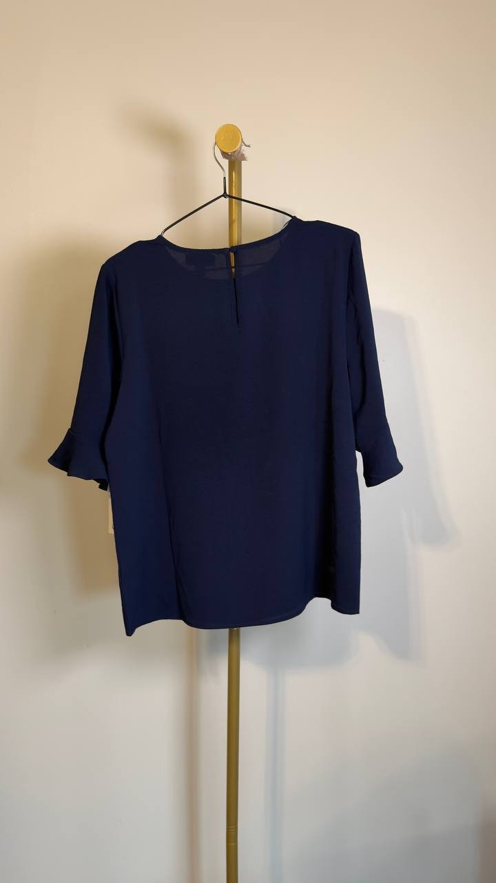 CeCe Crewneck 3/4-Sleeve Ruffled Cuff Blouse Classic Navy M NWT $49