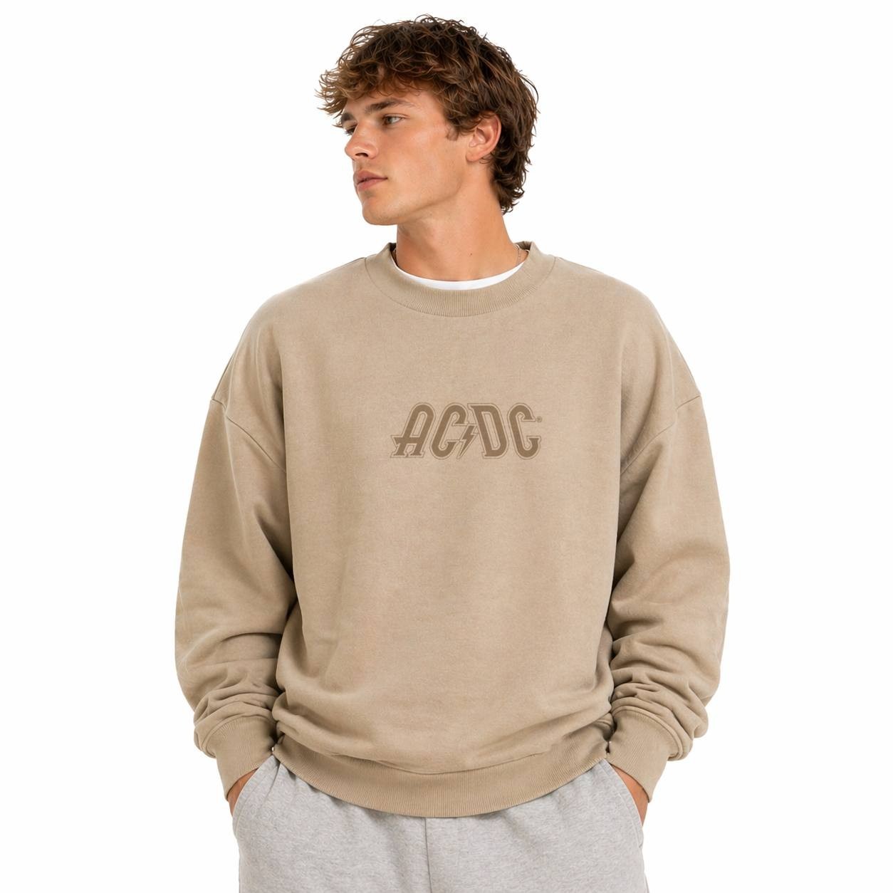AC/DC High Voltage Graphic Crewneck Sweatshirt Tan M NWOT $46