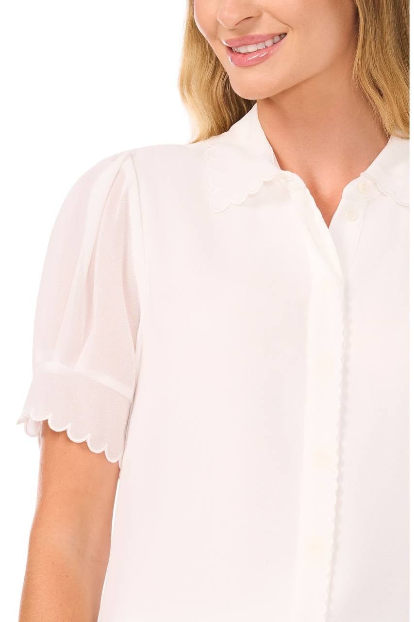 CeCe  Women’s  Scallop  Trim  Button‑Up  Shirt  New  White  S  NWOT  $69  