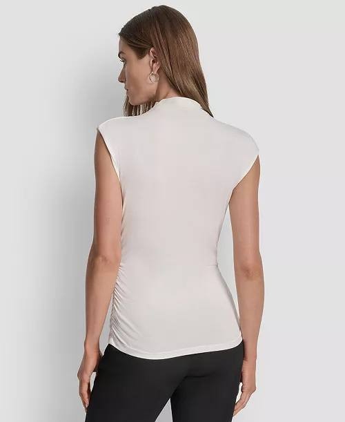 DKNY Mock‑Neck Sleeveless Side‑Ruched Knit Top – Size L – Pre‑Owned – $49