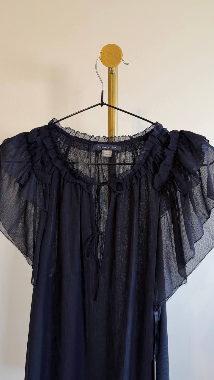 ommy Hilfiger Women’s Split‑Neck Flutter‑Sleeve Blouse Midnight L $79 NWT