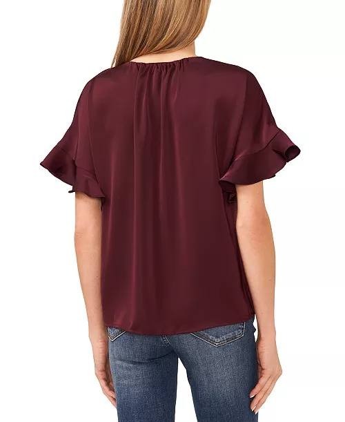 CeCe Flutter Sleeve Blouse Rich Cabernet XL New with Tags NWT Button Front