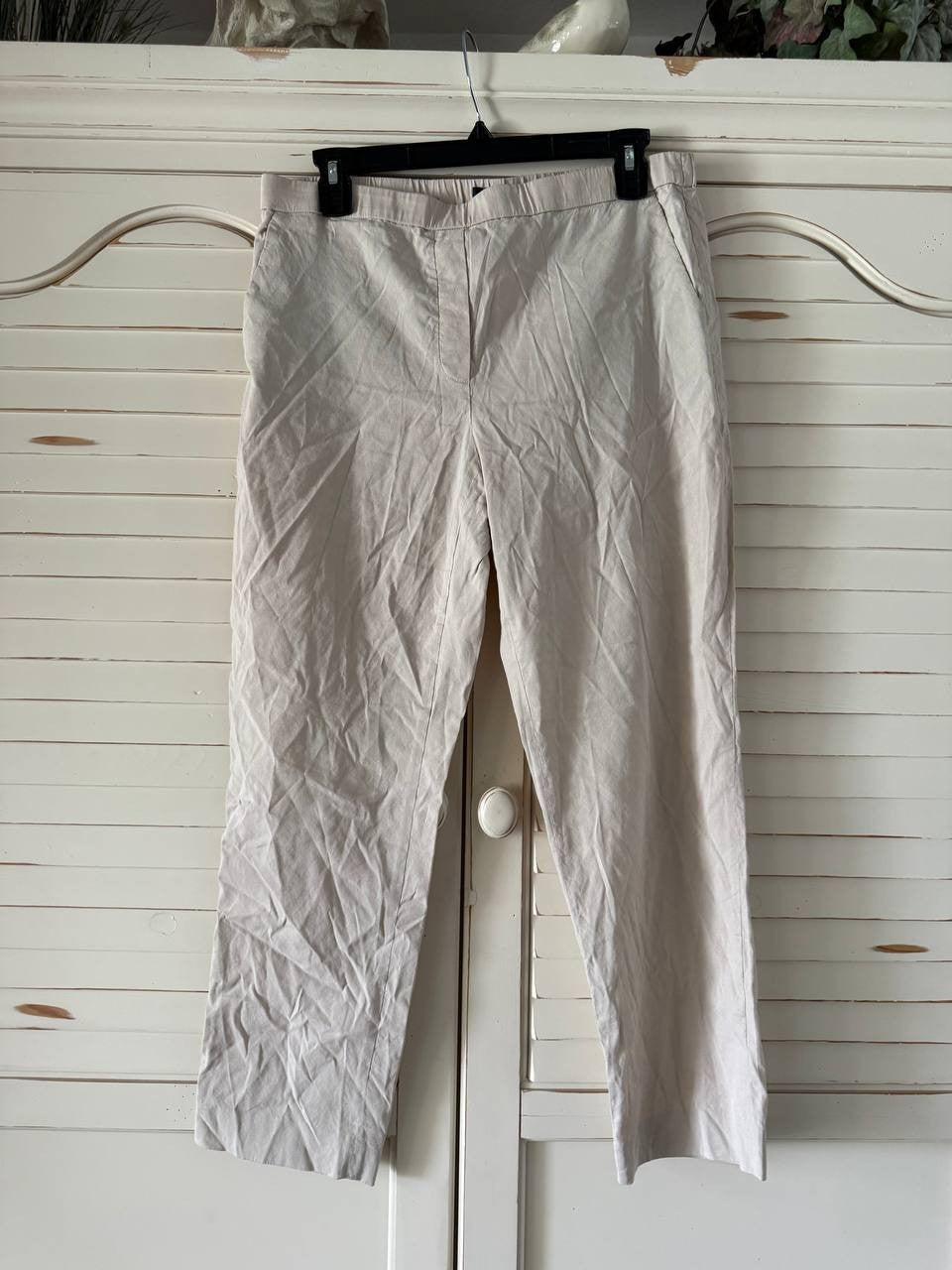 Theory Treeca Pull-On Linen Blend Pants - Slim Straight, Straw, Size 10