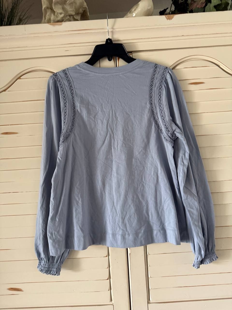 CeCe Dupraz Lace Inset Swing Top Slate Blue Cotton Blouse - Size S NWT