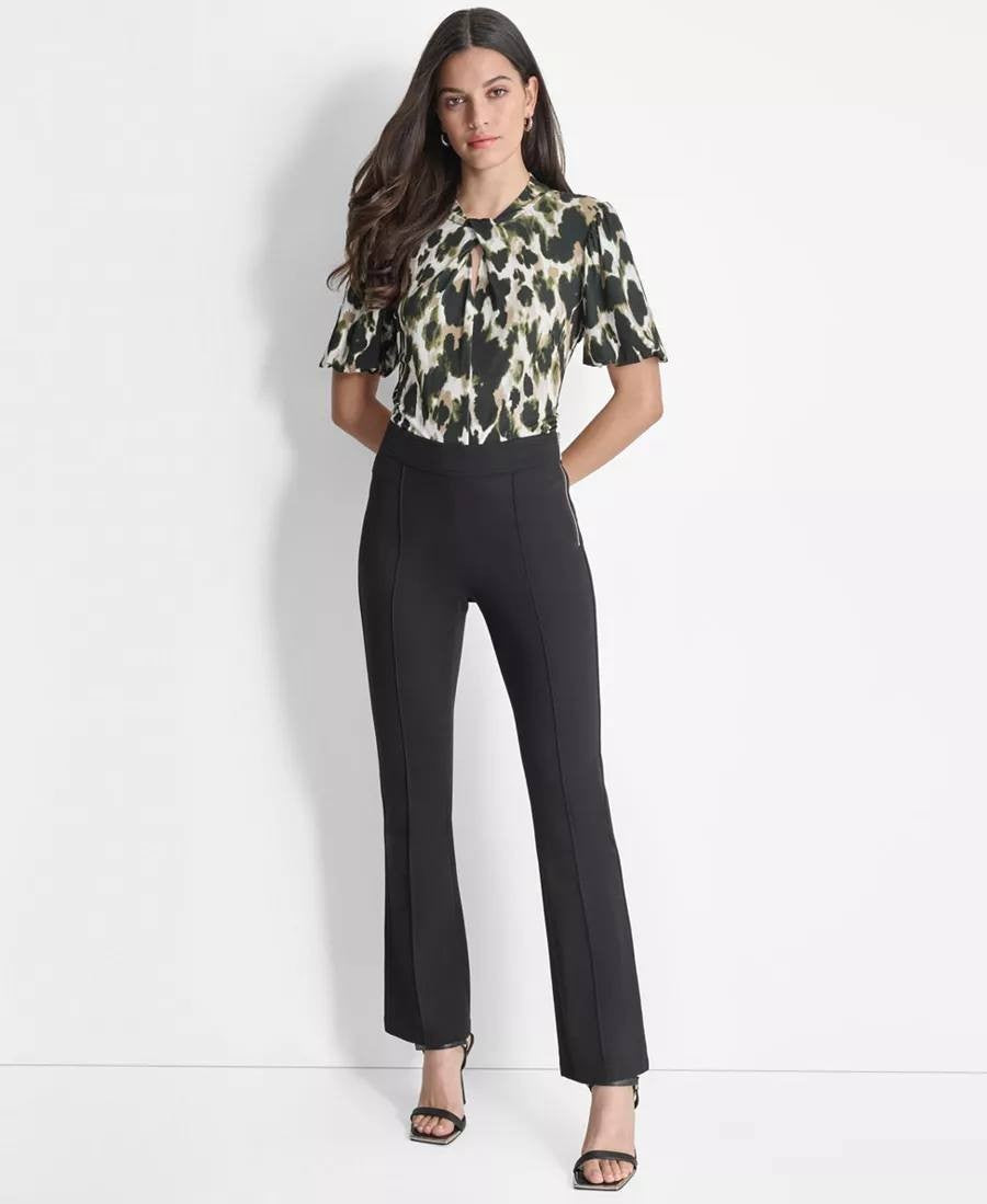 DKNY High Rise Black Front Seamed Side Zip Wide Leg Trousers Size 14 NWT