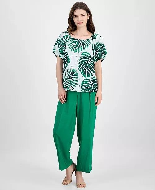 Anne Klein Women’s Eyelet Leaf‑Print Puff Sleeve Top Green M $99 NWT