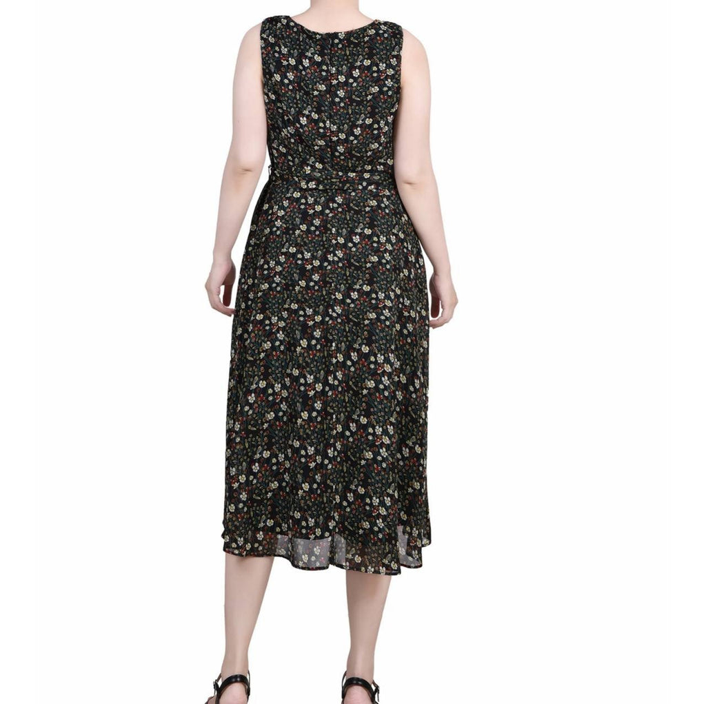 NY Collection Petite Chiffon Floral Belted Midi Dress, Black, Scoop Neck