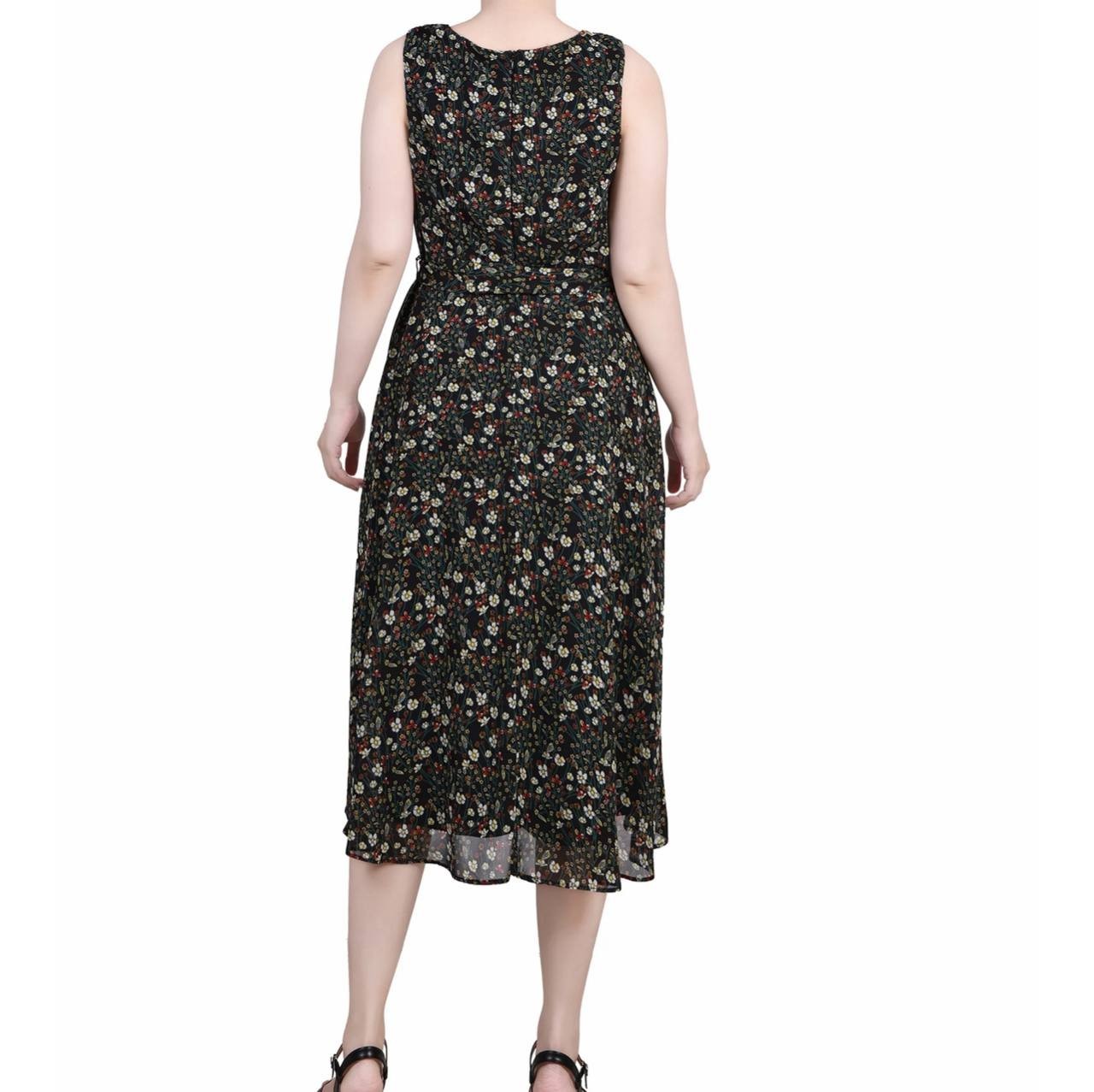 NY Collection Petite Chiffon Floral Belted Midi Dress, Black, Scoop Neck