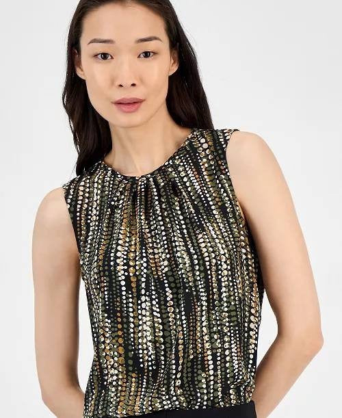 Anne Klein Round Neck Sleeveless Top Olive Palm Multi XL NWT $79