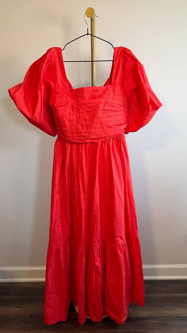 CeCe Square‑Neck Puff‑Sleeve Tie‑Back Maxi Dress Red L $109 NWT