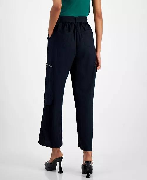 Bar III High Rise Belted Wide-Leg Cargo Pants Deep Black L NWT $59.50