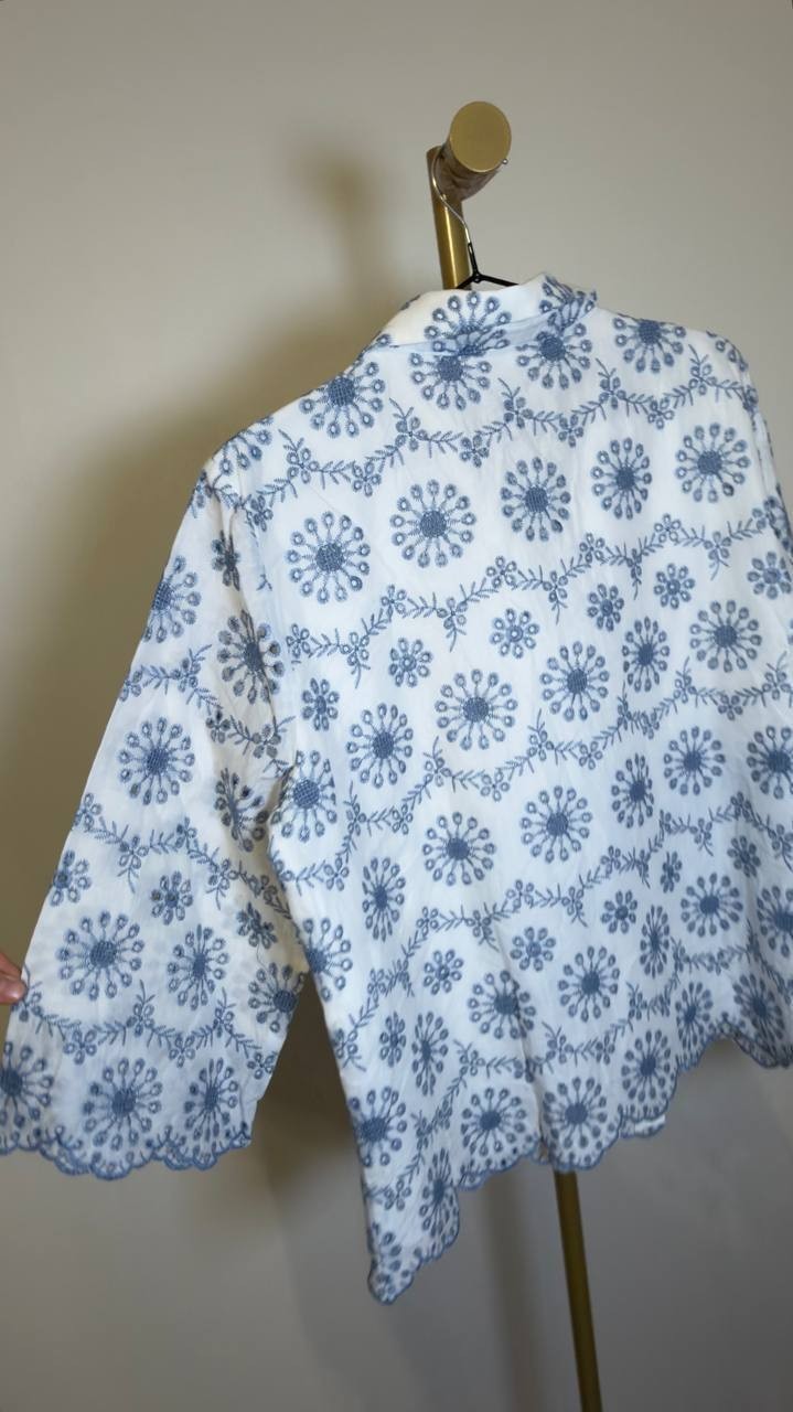 Anne Klein Scalloped Eyelet 3/4‑Sleeve Button Blouse White Multi L NWT $129
